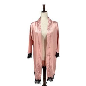 Women Satin Robe w/ Floral Lace Trim | Large